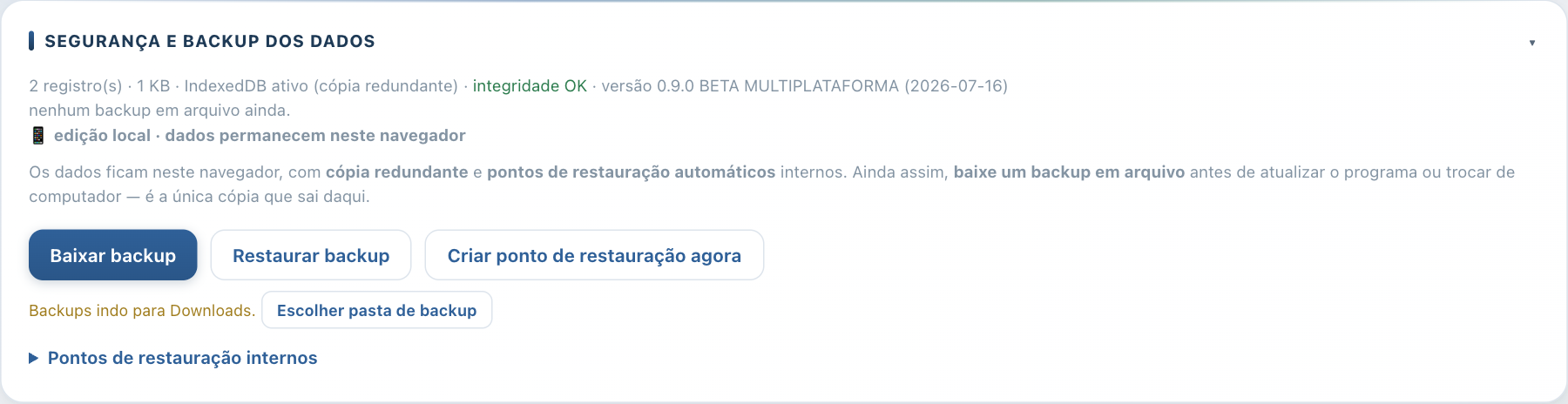 Tela de segurança e backup
